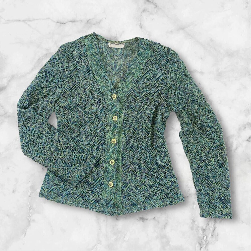 Vintage 90s Gantos Blue Open Knit Cardigan Sweater Medium Artsy Boho - Picture 2 of 14